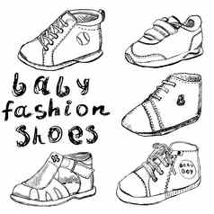 婴儿时尚鞋子集草图handdrawn孤立的白色背景
