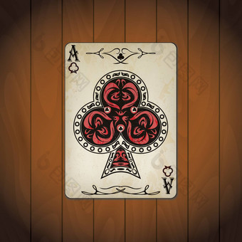 王牌俱乐部扑克卡片涂漆的木背景