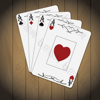 王牌黑桃王牌心王牌钻石王牌俱乐部扑克卡片涂漆的木背景