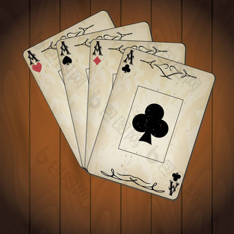 王牌黑桃王牌心王牌钻石王牌俱乐部扑克卡片涂漆的木背景