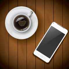 现实的移动电话智能手机模型模板咖啡杯木背景