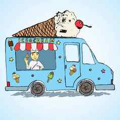 手画草图冰奶油卡车colorfiled好玩的的男人。卖方冰奶油锥前
