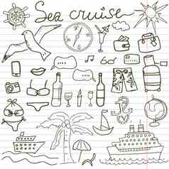 手画草图海巡航涂鸦向量插图旅行夏天元素纸笔记本