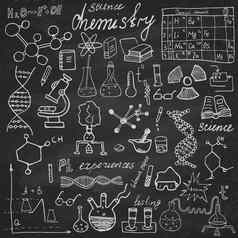 化学科学元素涂鸦图标集手画草图显微镜公式实验设备分析工具向量插图黑板背景