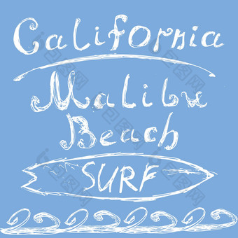 手画勾勒出刻字加州马里布海滩冲浪标志t恤印刷设计排版图形垃圾向量插图徽章应用标签