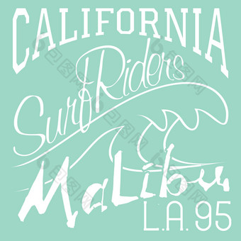 t恤印刷设计排版图形夏天向量插图徽章应用标签加州马里布海滩冲浪骑手标志
