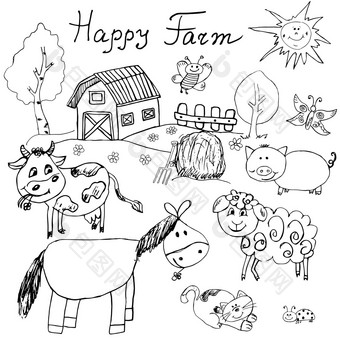 快乐农场涂鸦图标集手画草图马牛羊猪精品天真烂漫的卡通粗略的向量插图孤立的