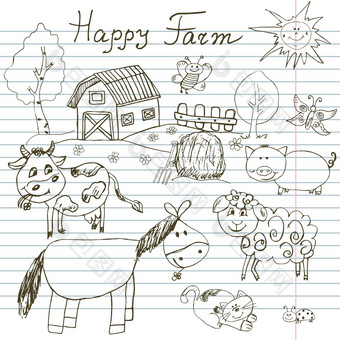 快乐农场涂鸦图标集手画草图马牛羊猪精品天真烂漫的卡通粗略的向量插图笔记本纸背景