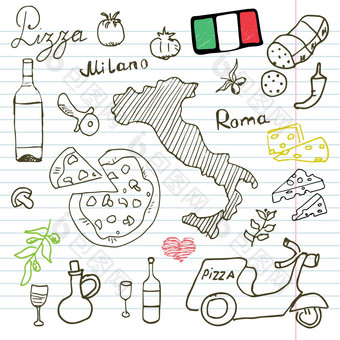 意大利涂鸦<strong>元素</strong>手画集<strong>披萨</strong>踏板车酒奶酪地图画涂鸦集合纸背景