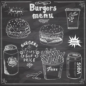 汉堡菜单手画草图快餐海报汉堡芝士汉堡土豆棒苏打水咖啡杯子啤酒向量插图刻字黑板