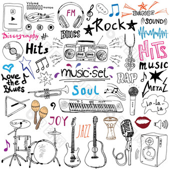 音乐项目涂鸦图标集手画草图笔记仪器麦克风吉他耳机鼓音乐球员音乐风格字母迹象向量插图孤立的