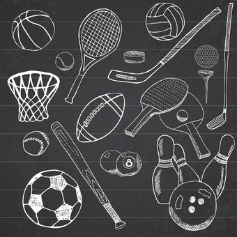 体育运动球手画草图集棒球打保龄球网球足球高尔夫球球体育项目画涂鸦元素集合孤立的白色背景