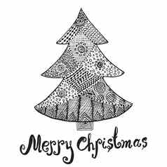 观赏手画草图圣诞节树zentangle风格向量插图点缀刻字孤立的