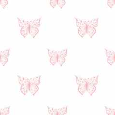 蝴蝶无缝的模式观赏手画勾勒出色彩斑斓的向量插图孤立的白色背景