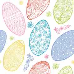 复活节鸡蛋无缝的模式观赏手画草图色彩斑斓的复活节鸡蛋快乐复活节向量插图孤立的