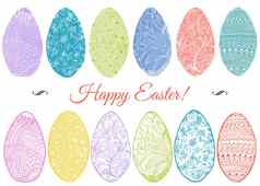 观赏手画草图复活节鸡蛋zentangle风格向量插图点缀刻字快乐复活节孤立的