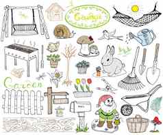 花园集涂鸦元素手画草图园艺工具三叶草植物花园数据Gnome蘑菇兔子巢鸟后院摇摆不定的画涂鸦孤立的白色