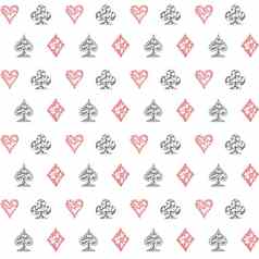 手画勾勒出玩卡片象征无缝的模式扑克21点背景涂鸦心钻石黑桃俱乐部符号