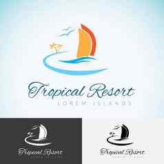 游艇棕榈树太阳旅行公司标志设计模板海巡航热带岛假期标识图标