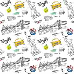纽约城市无缝的模式手画草图出租车热狗汉堡雕像自由报纸曼哈顿桥画涂鸦向量插图孤立的白色