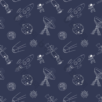 空间涂鸦图标无缝的模式手画草图流星太阳月亮雷达宇航员火箭向量插图