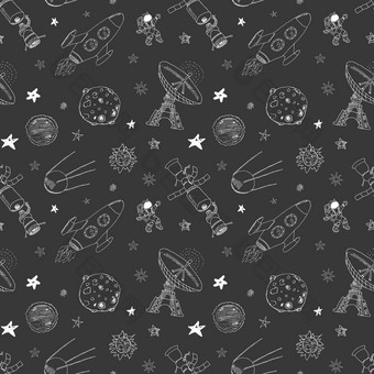 空间涂鸦图标无缝的模式手画草图流星太阳月亮雷达宇航员火箭星星向量插图黑板