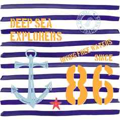 t恤排版设计深海探险家印刷图形排版向量插图海军潜水水文本图形设计标签t恤打印徽章应用
