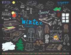 冬天季节集涂鸦元素手画集玻璃热酒靴子衣服壁炉山滑雪sladge温暖的毯子袜子帽子刻字单词画集