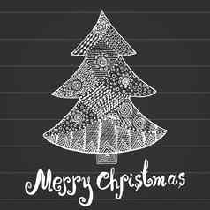 观赏手画草图圣诞节树zentangle风格向量插图点缀刻字黑板