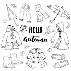 秋天季节衣服集手画涂鸦刻字向量插图