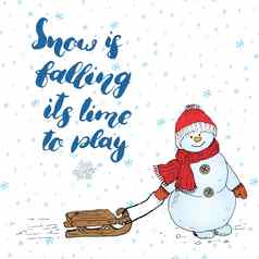 冬天季节刻字报价雪手写的书法标志手画向量插图雪人孤立的白色