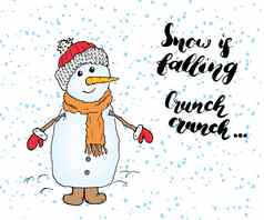 冬天季节刻字报价雪手写的书法标志手画向量插图雪人孤立的白色