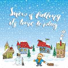 冬天季节手画向量插图小房子雪人孩子雪橇手写的书法标志刻字报价雪