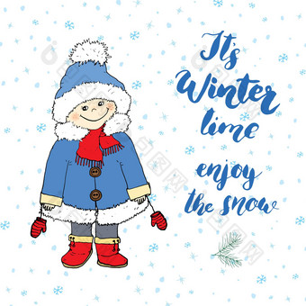 冬天季节刻<strong>字报</strong>价手写的书法标志手画向量插图女孩穿温暖的衣服孤立的白色