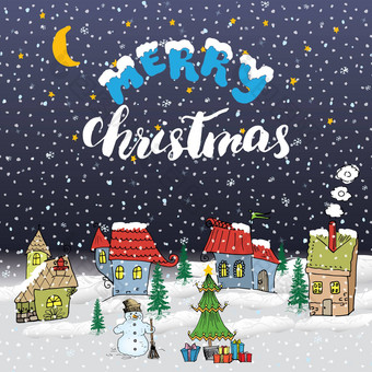 快乐圣诞节手画涂鸦小房子雪人圣诞节树礼物盒子圣诞节问候卡邀请设计模板向量插图