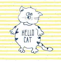 猫草图handdrawn涂鸦打印设计向量插图