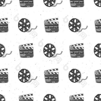 电影磁带电影卷场记板古董无缝的模式handdrawn草图复古的电影电影行业向量插图