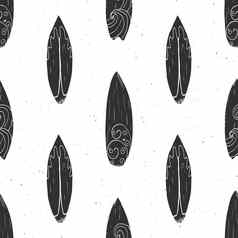 冲浪董事会无缝的模式手画草图背景排版设计单色向量插图