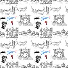 威尼斯意大利无缝的模式手画草图贡多拉用凤尾船运送衣服房子市场桥咖啡馆表格椅子涂鸦画孤立的白色