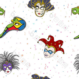 威尼斯意大利狂欢节面具无缝的模式手画草图意大利威尼斯节日涂鸦画背景