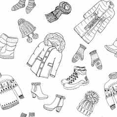冬天季节涂鸦衣服无缝的模式手画草图元素温暖的驯鹿毛衣外套靴子袜子手套帽子向量背景插图