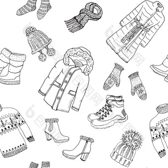 冬天季节涂鸦衣服无缝的模式手画草图元素温暖的驯鹿毛衣外套靴子袜子手套帽子向量背景插图