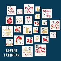 圣诞节出现日历手画元素数字冬天假期日历卡片集设计向量插图