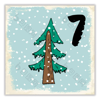 圣诞节出现日历手画元素数字冬天假期日历卡设计向量插图