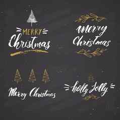 快乐圣诞节书法刻字集排版设计书法刻字假期问候手画刻字文本向量插图黑板背景