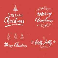 快乐圣诞节书法刻字集排版设计书法刻字假期问候手画刻字文本向量插图