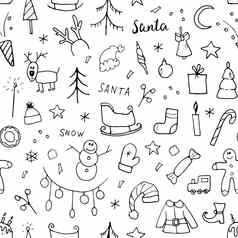 一年圣诞节无缝的模式手画涂鸦无缝的模式背景向量插图