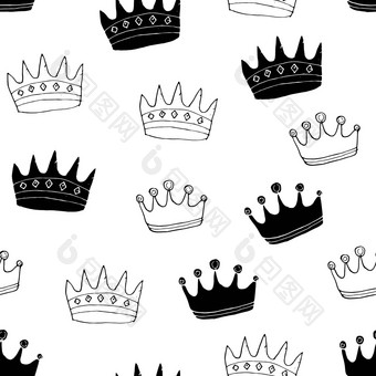 皇冠无缝的模式手画皇家涂鸦背景向量插图