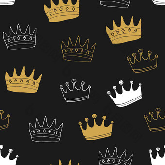 皇冠无缝的模式手画皇家涂鸦背景向量插图