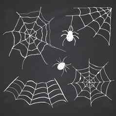 蜘蛛网络集手画勾勒出网络向量插图黑板背景